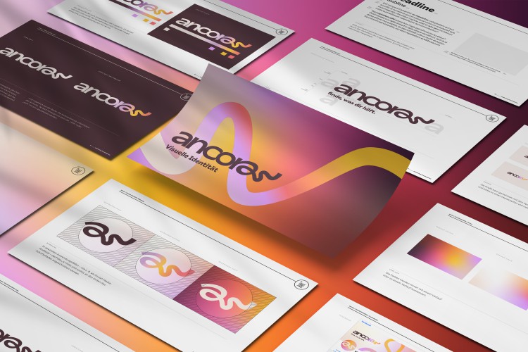 Seiten des Brand Manuals von ancora mit Logo, Farbverläufen und Gestaltungsbeispielen.
